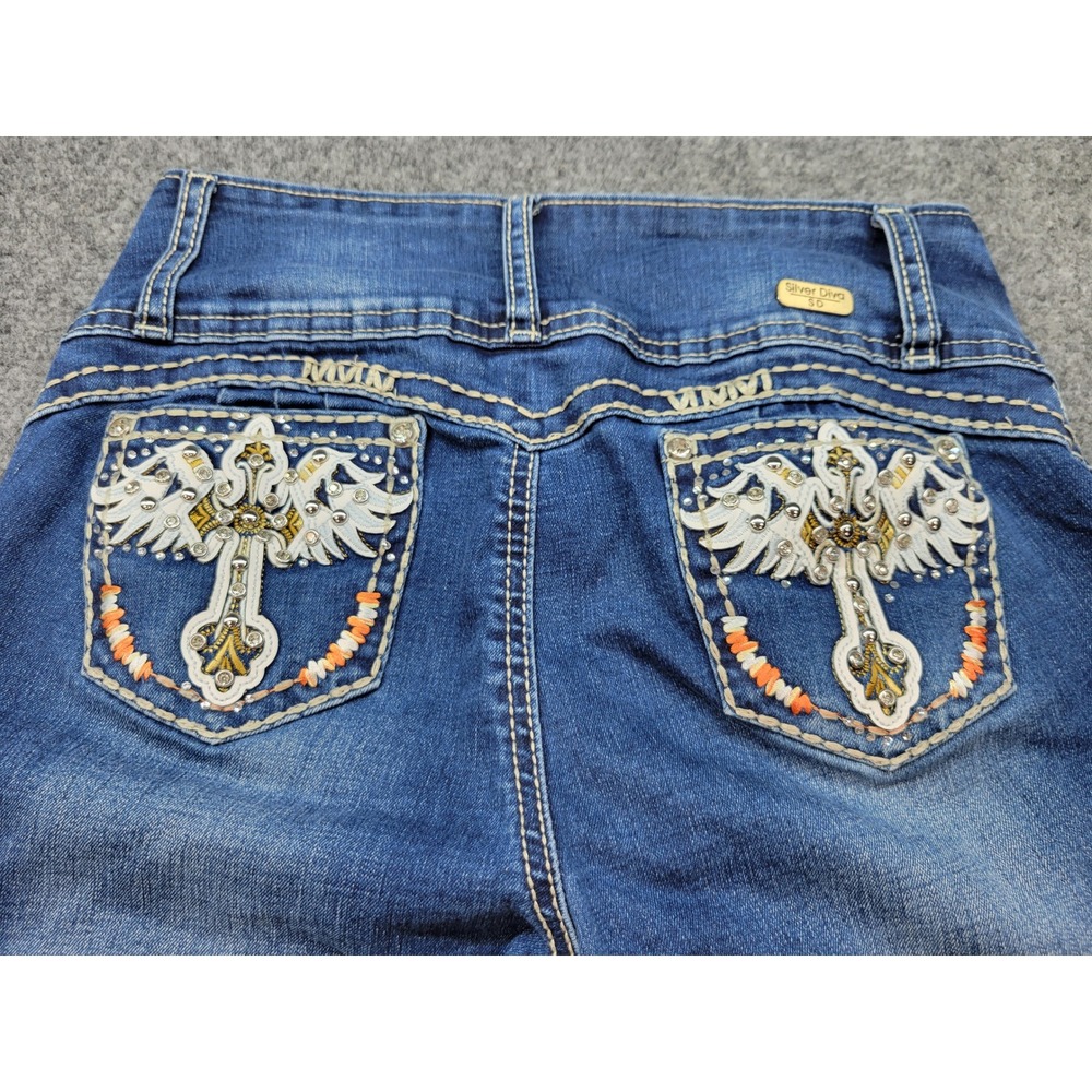 Silver Diva Womens Angel Wing Cross Flare Jeans Blue Distressed Y2K Size 7